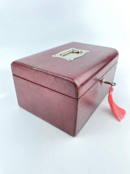 Cranberry Leather Victorian Jewellery Box Bramah Lock and Key image-6