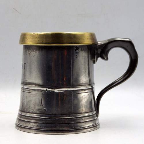 19th Century Victorian Pewter with Brass Rim Half Pint Tankard image-1