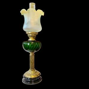 Victorian Brass and Green Glass Oil Lamp
