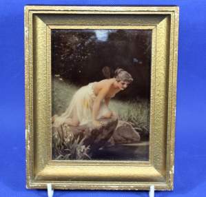 19th Century Art Nouveau Crystoleum of a Young Woman by Stream