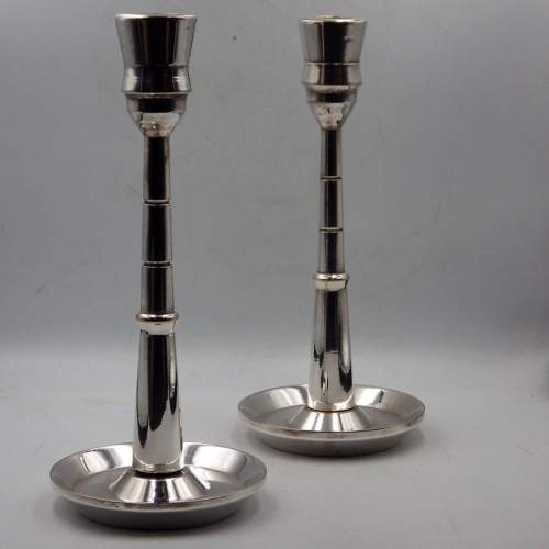 Fine Quality Pair of Art Deco Industrial Silver Plate Candlesticks image-1