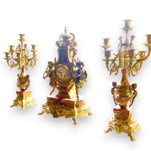 Impressive 20th Century Gilt Metal and Red Marble Clock Garniture
