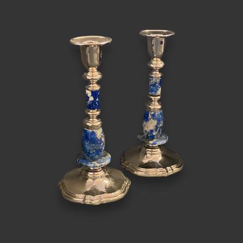 Pair of Quality Chinese Blue Marble Candlesticks image-1