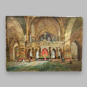 Oil on Board of a Cathedral Interior by David Roberts