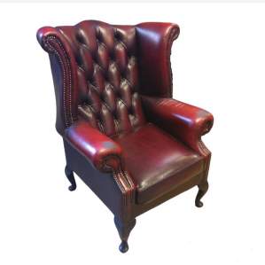 Chesterfield Queen Anne Style Wingback Oxblood Leather Armchair