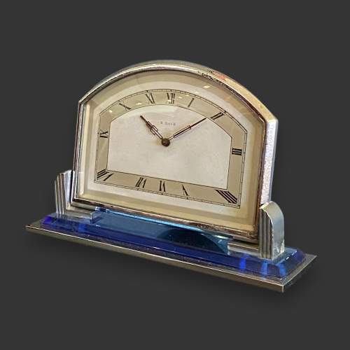 Art Deco Chrome and Blue Glass Mantel Clock image-1