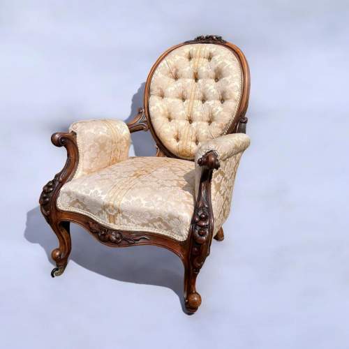 A Victorian Period Carved Walnut Open Armchair image-1