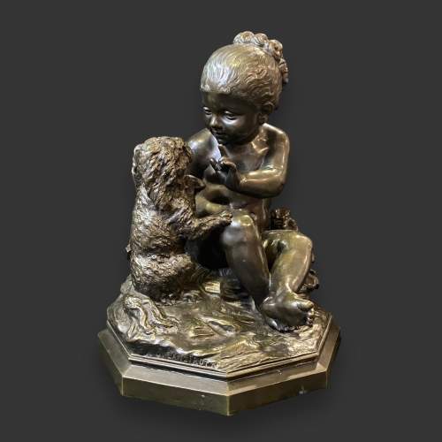 Large Italian Bronze Girl Playing with a Puppy by A. Lanzirotti image-1