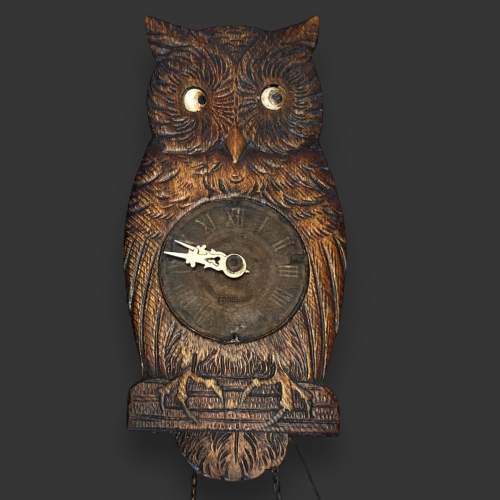 German Carved Wooden Blinking Owl Clock image-2