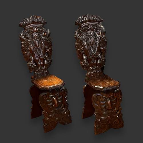 Pair of Late 19th Century Italian Carved Oak Hall Chairs image-1