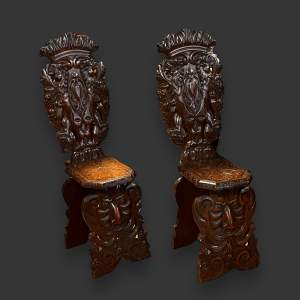 Pair of Late 19th Century Italian Carved Oak Hall Chairs