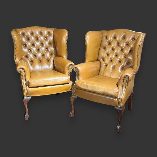 Pair of 20th Century Light Brown Leather Wingback Armchairs image-1