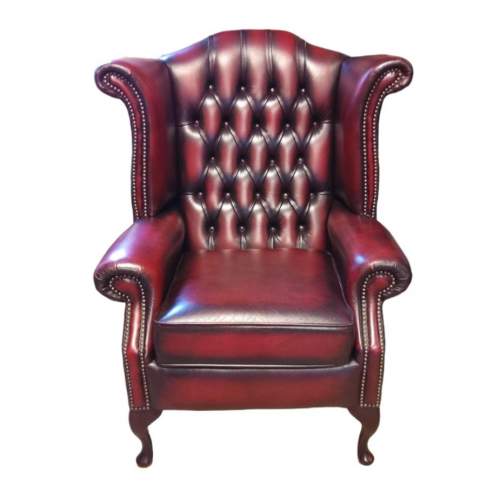 Chesterfield Queen Anne Style Wingback Oxblood Leather Armchair image-1