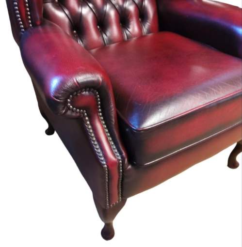 Chesterfield Queen Anne Style Wingback Oxblood Leather Armchair image-5