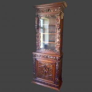 Victorian Tall Carved Oak Cabinet Bookcase