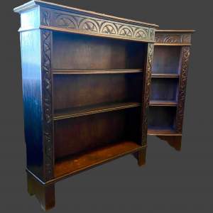 Pair of Carved Oak Open Bookcases