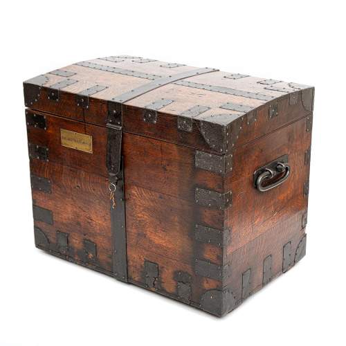 A Large Antique Oak and Iron Bound Silver Chest image-1