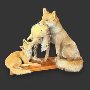 Taxidermy Fox and Cub Holding a Bird