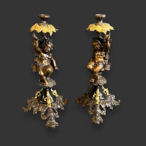 Late 19th Century Pair of Putti Decor Candlesticks image-1