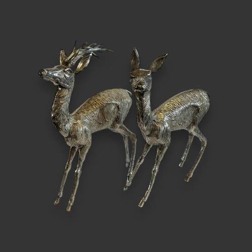 Large 20th Century 925 Silver Pair of Deer image-1