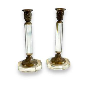 Victorian Pair of Cut Glass and Bronze Candlesticks