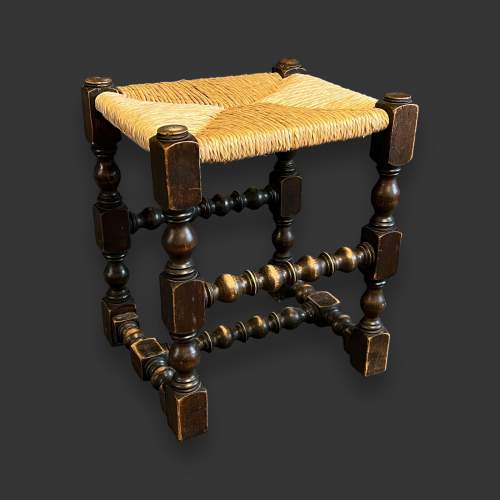 Antique 19th Century Oak Stool with Rush Seat image-1