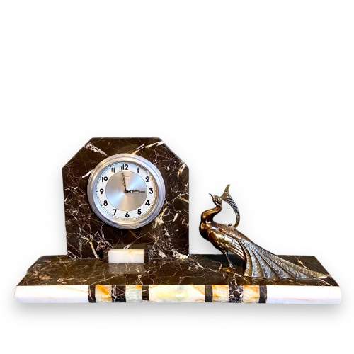 Art Deco French Marble Clock with Spelter Peacock image-1