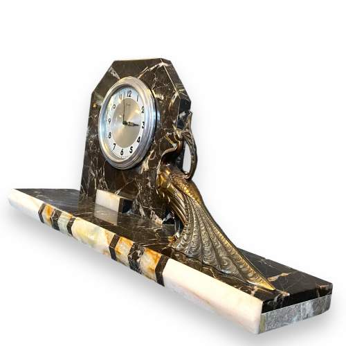 Art Deco French Marble Clock with Spelter Peacock image-4