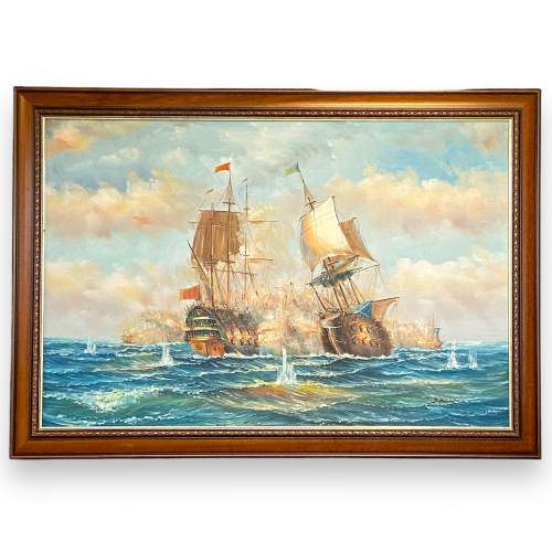 Large Oil Painting on Canvas of Ships in Battle image-1