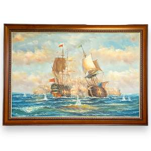 Large Oil Painting on Canvas of Ships in Battle