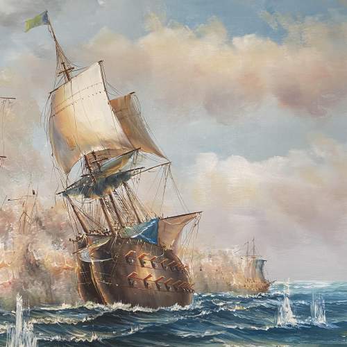 Large Oil Painting on Canvas of Ships in Battle image-4