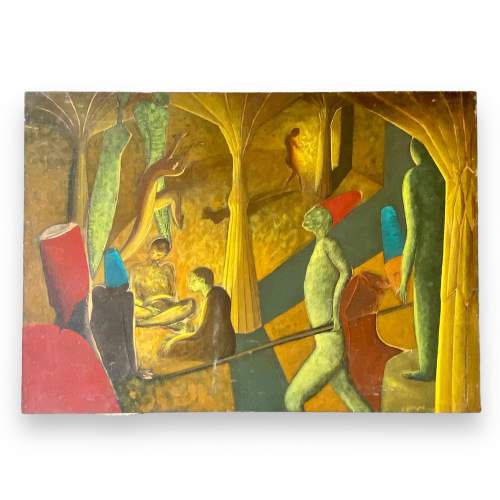 French Surrealist Scene Oil on Canvas image-1