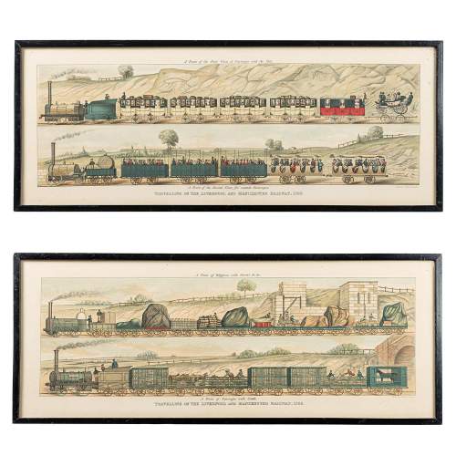 A Pair of Antique Victorian Framed Aquatints of Early Trains image-1