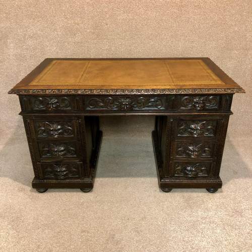 19th Century Carved Oak Green Man 3 Piece Pedestal Desk image-1