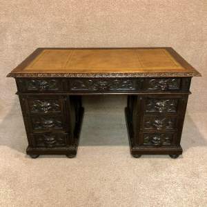 19th Century Carved Oak Green Man 3 Piece Pedestal Desk