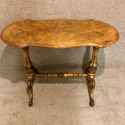 19th Century Figured Walnut Shaped Top Stretcher Table image-1