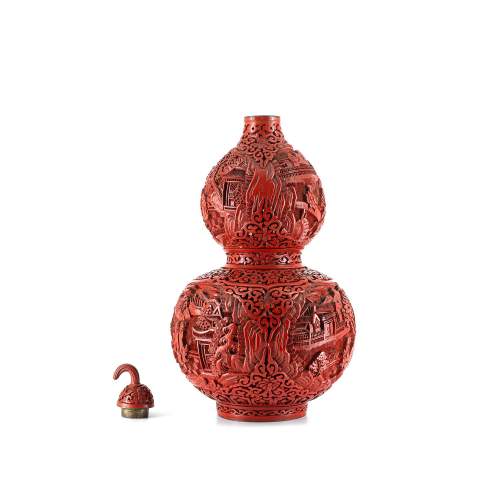 Lovely Vintage Chinese Gourd Shaped Red Lacquer Vase and Cover image-2