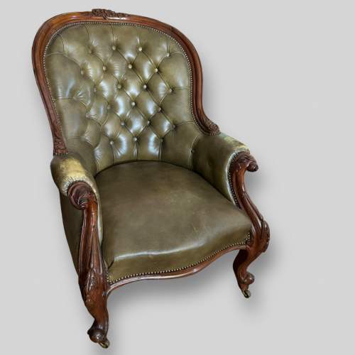 19th Century Victorian Green Leather Armchair image-1