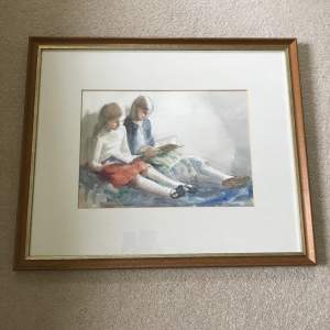 Watercolour & Pen Two Little Girls by Felicity Jones 1980