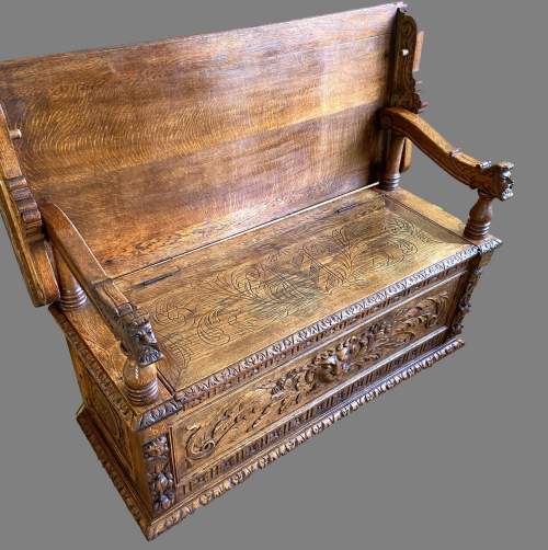 A 19th Century Carved Oak Monks Bench image-2