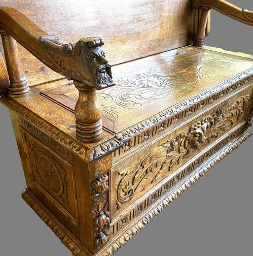 A 19th Century Carved Oak Monks Bench image-5