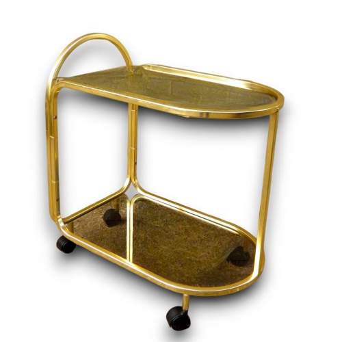 Hollywood Regency Gold Tubular & Smoked Glass Cocktail Trolley image-1