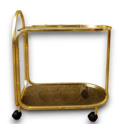 Hollywood Regency Gold Tubular & Smoked Glass Cocktail Trolley image-2