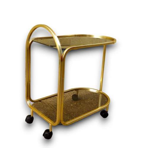 Hollywood Regency Gold Tubular & Smoked Glass Cocktail Trolley image-3