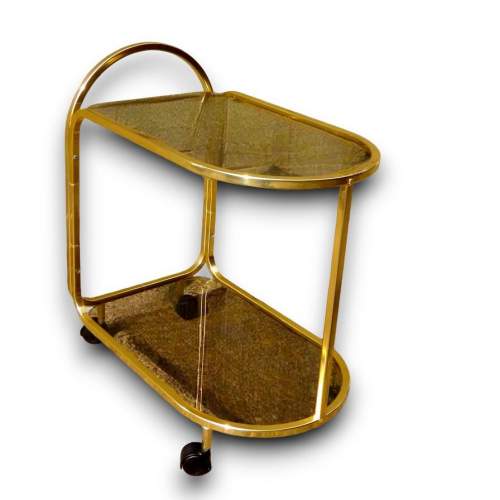 Hollywood Regency Gold Tubular & Smoked Glass Cocktail Trolley image-4