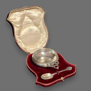 Cased Silver Porringer and Matching Trefid Spoon