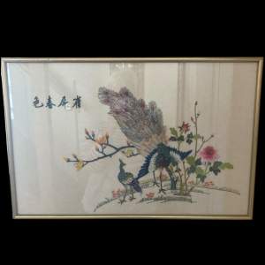 Chinese Embroidered Silk Picture of Peacock and Flowers