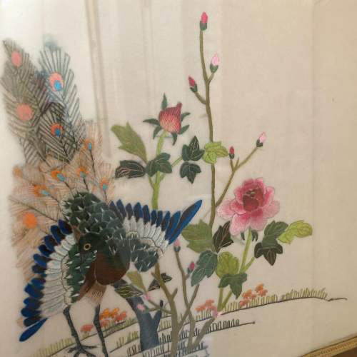 Chinese Embroidered Silk Picture of Peacock and Flowers image-2