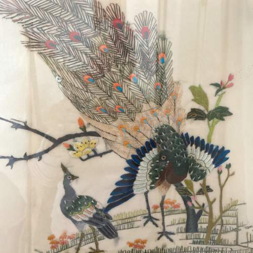 Chinese Embroidered Silk Picture of Peacock and Flowers image-3