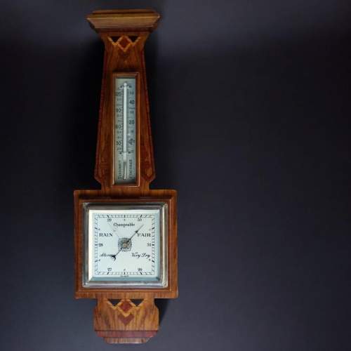 Art Deco 1930s Inlaid Walnut Geometric Wall Barometer image-1